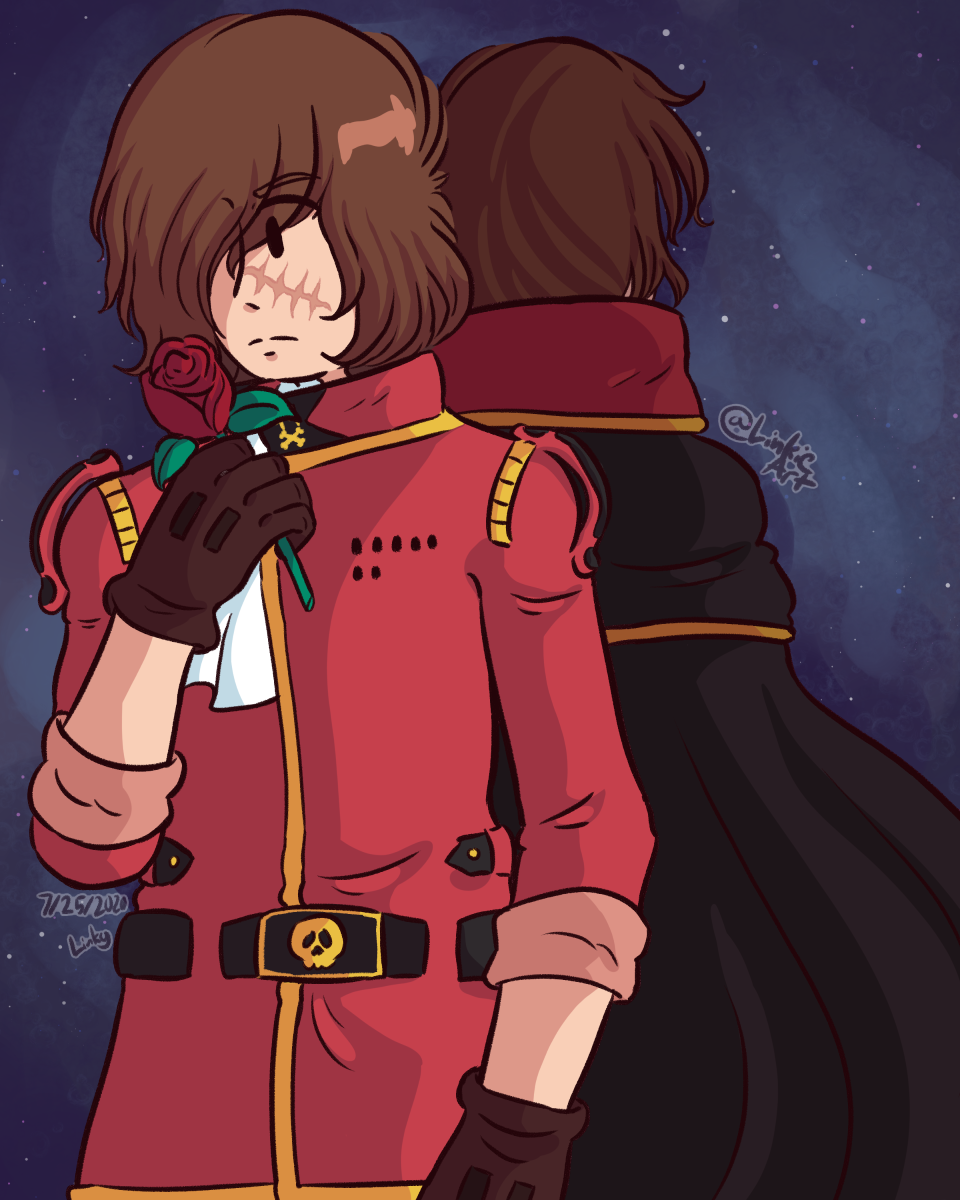 Fanart of Captain Harlock holding a rose. His captain self is behind him.
