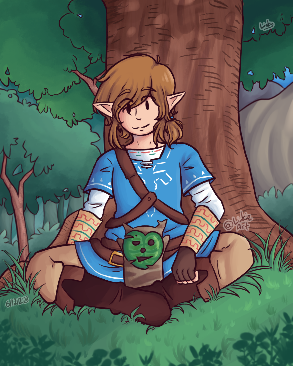 Fanart of Link sitting under a tree with a korok.