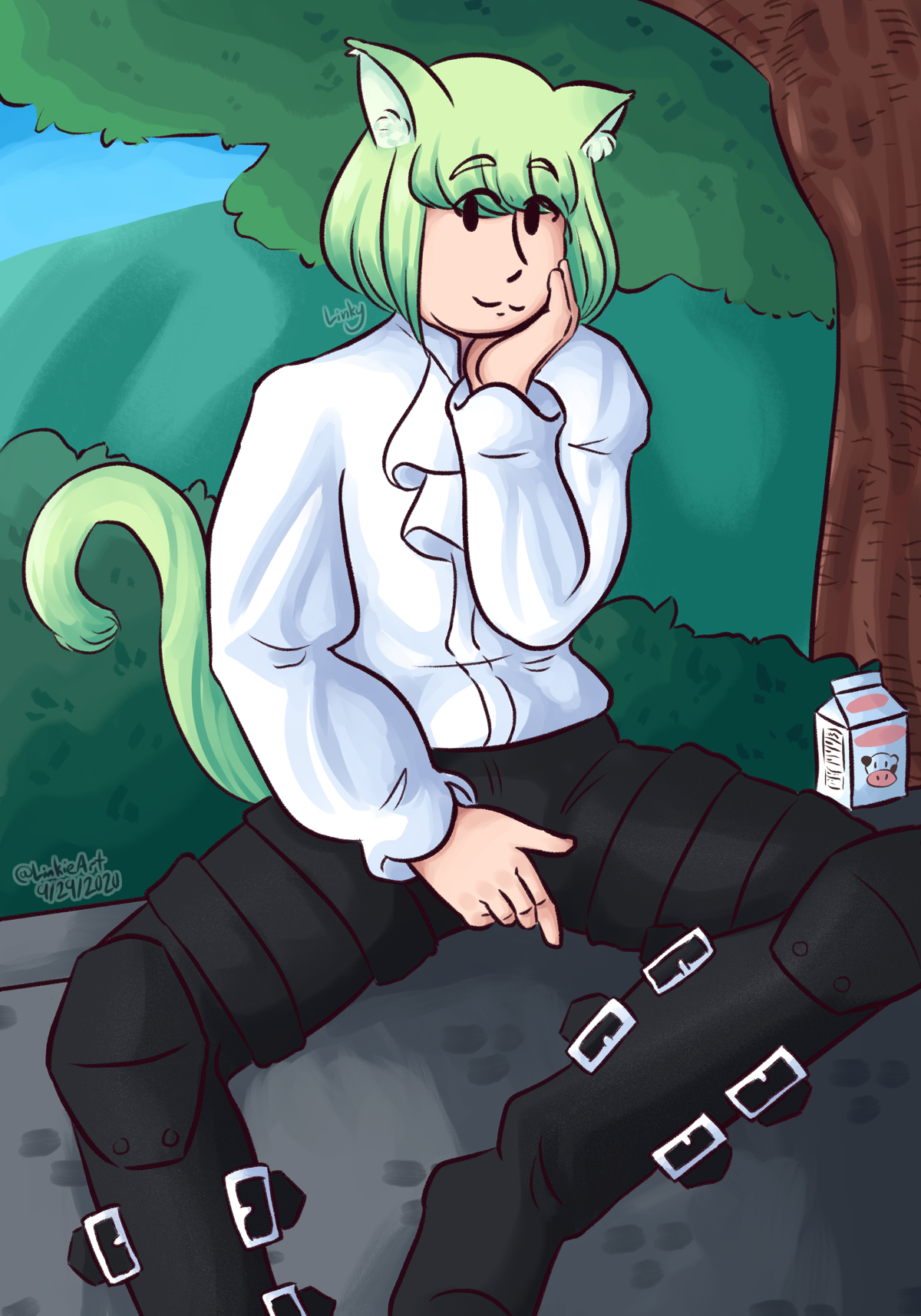 Lio from promare sitting on a wall. He has cat ears.