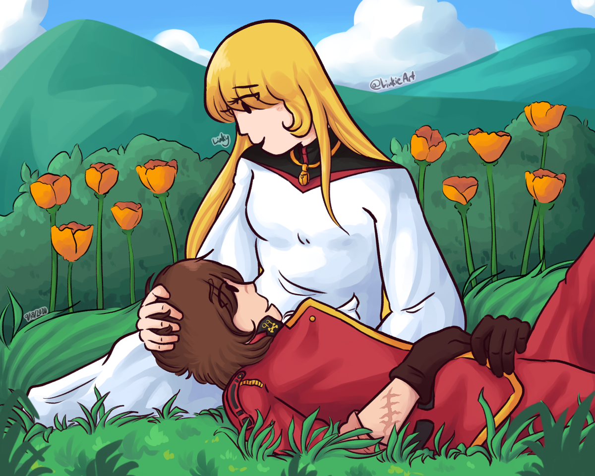 Harlock resting his head on Maya's lap. They are in a field of flowers.