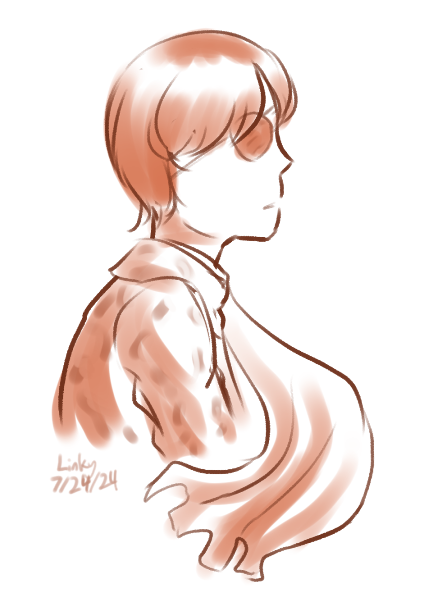 Daybreak Hotaro from a profile view with a somber expression. His scarf moves around the drawing as a sort of frame.