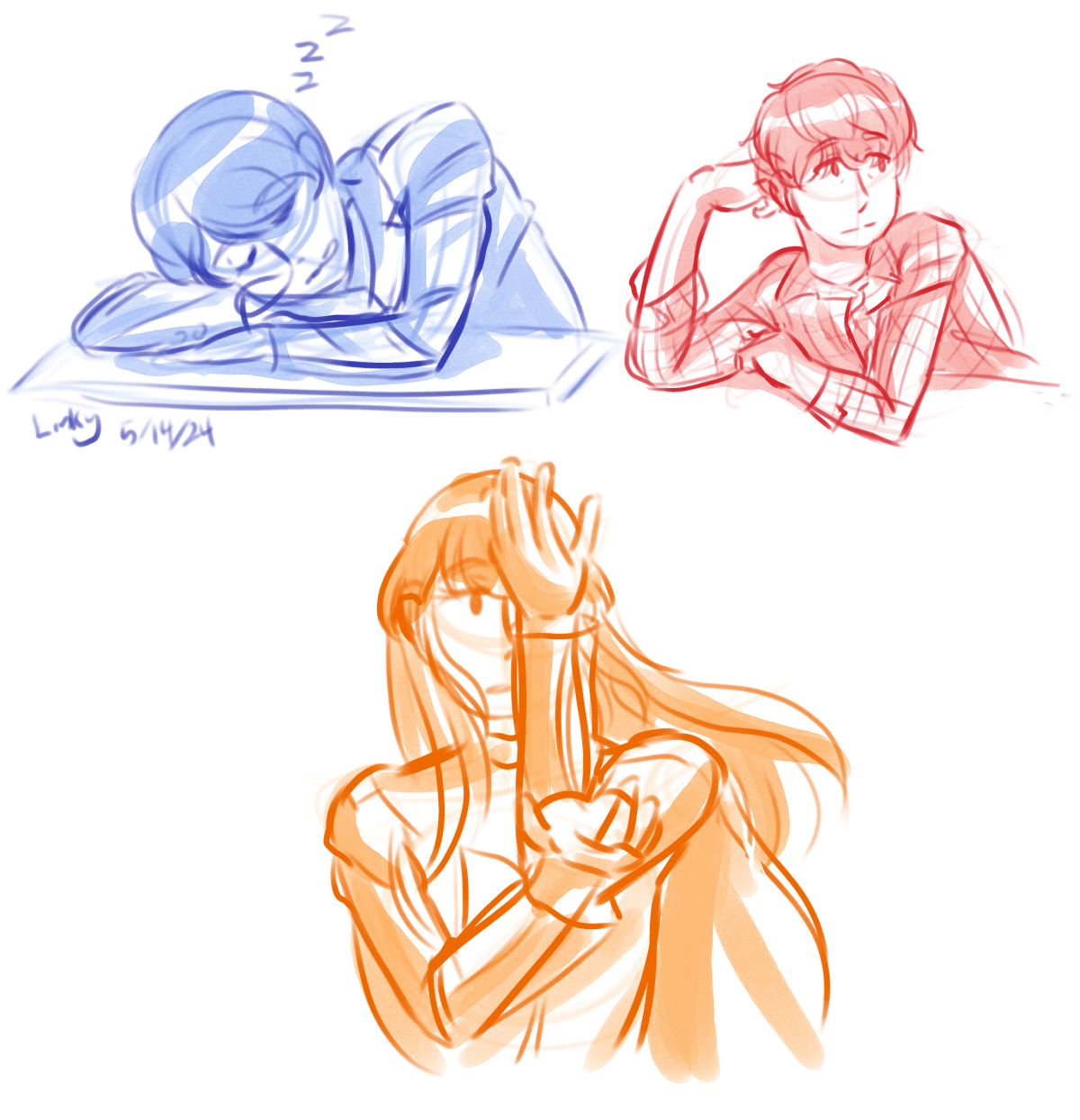 Fanart of Hotaro, Minato and Rinne from Kamen Rider Gotchard. Starting from the top left: Hotaro sleeping on his desk in his school uniform. Top right: Minato resting his hand on his head in his teacher outfit. Bottom Center: Rinne holding up one hand forward and the other one is reaching over her face.