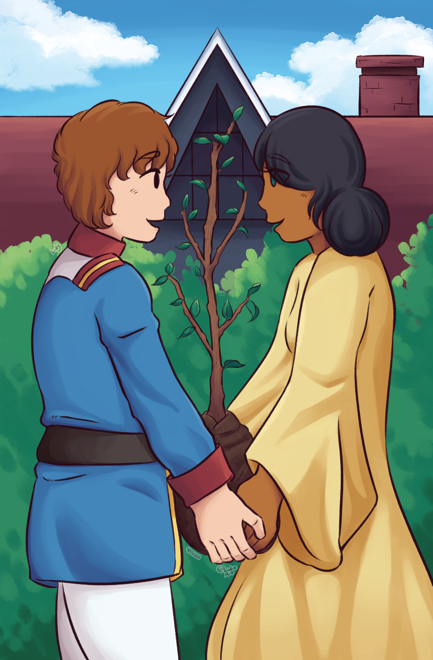 Fanart of Amuro and Lalah carring a tree sapling together.