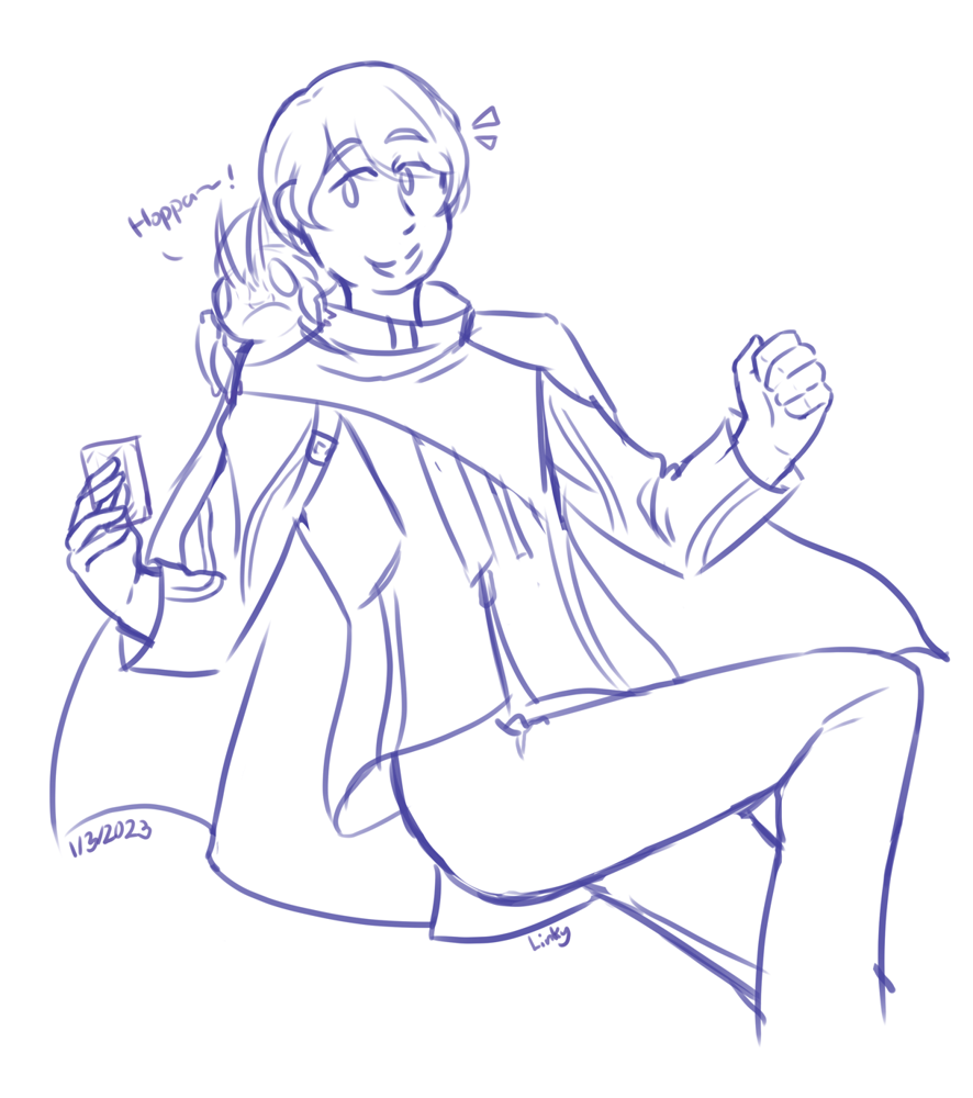 Sketch of Hotaro floating while holding a chemy card, Hopper1 is on his shoulder.