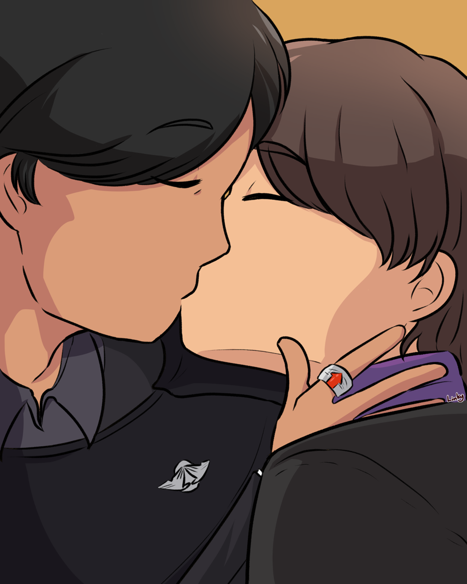 Artwork of Minato placing his hand on Spanner and kissing him.