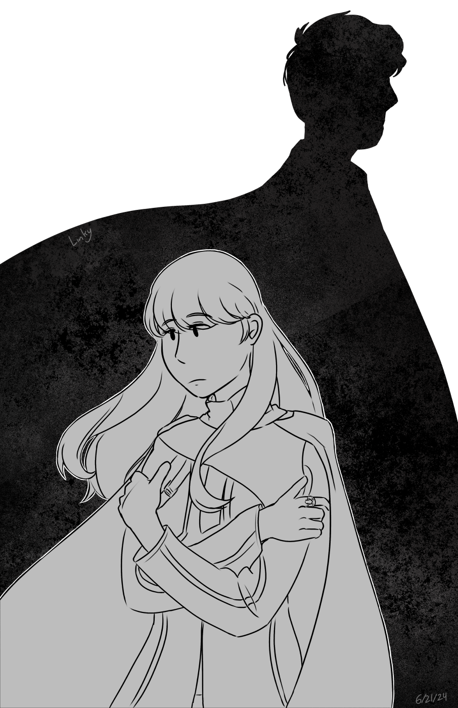 Fanart of Rinne from Kamen Rider Gotchard. She is holding her arms to her chest with a pensive expression, as the silhouette of Fuga looms over her.