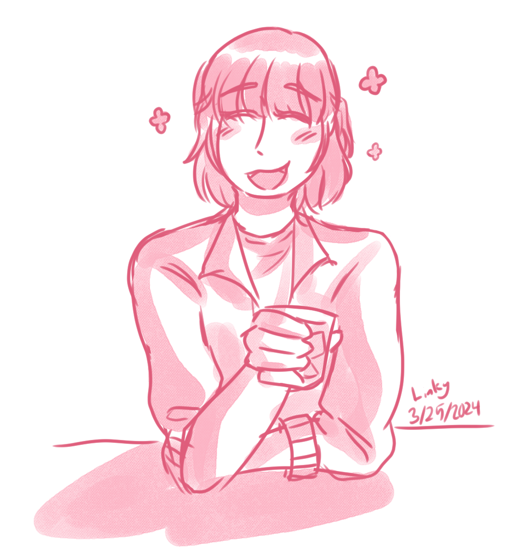 Sketch of Kyoka with a glass of whiskey.