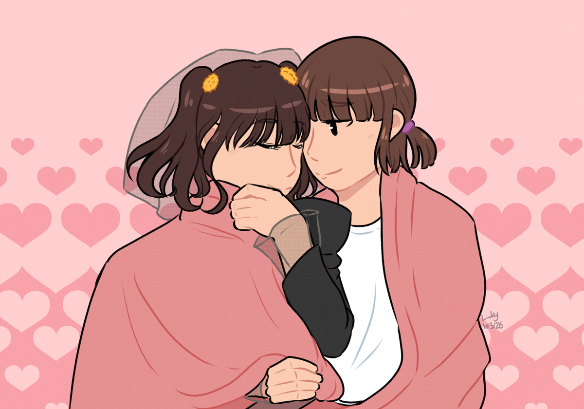 Art of Kyoka and Lachesis cuddling under a pink blanket.