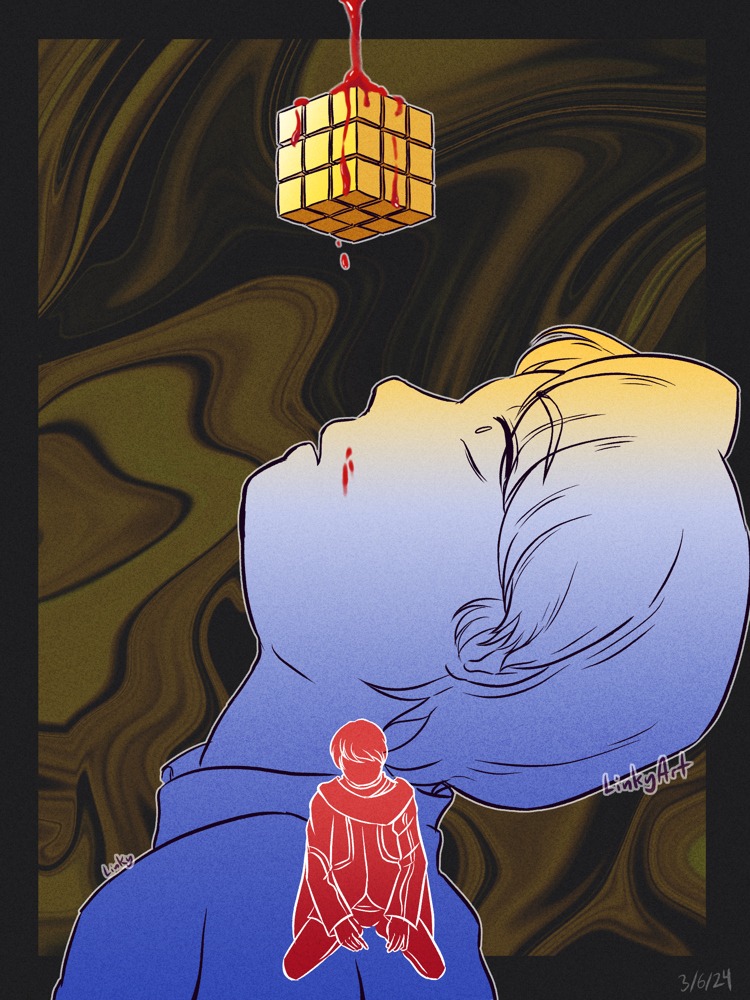 Fanart of Minato from Kamen Rider Gotchard. The current Minato is looking up at Geryon's cube, horrified, as blood from it pours onto him. A couple drops splattered onto his cheek. The younger Minato can also be seen. He is sitting on his knees is despair.