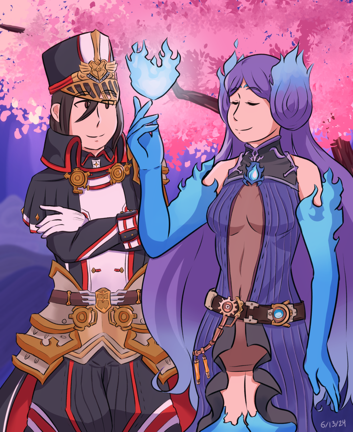 Fanart of Brighid and Morag from Xenoblade 2. Brighid creates a heart out of blue flame for Morag and Morag watches with a smile.