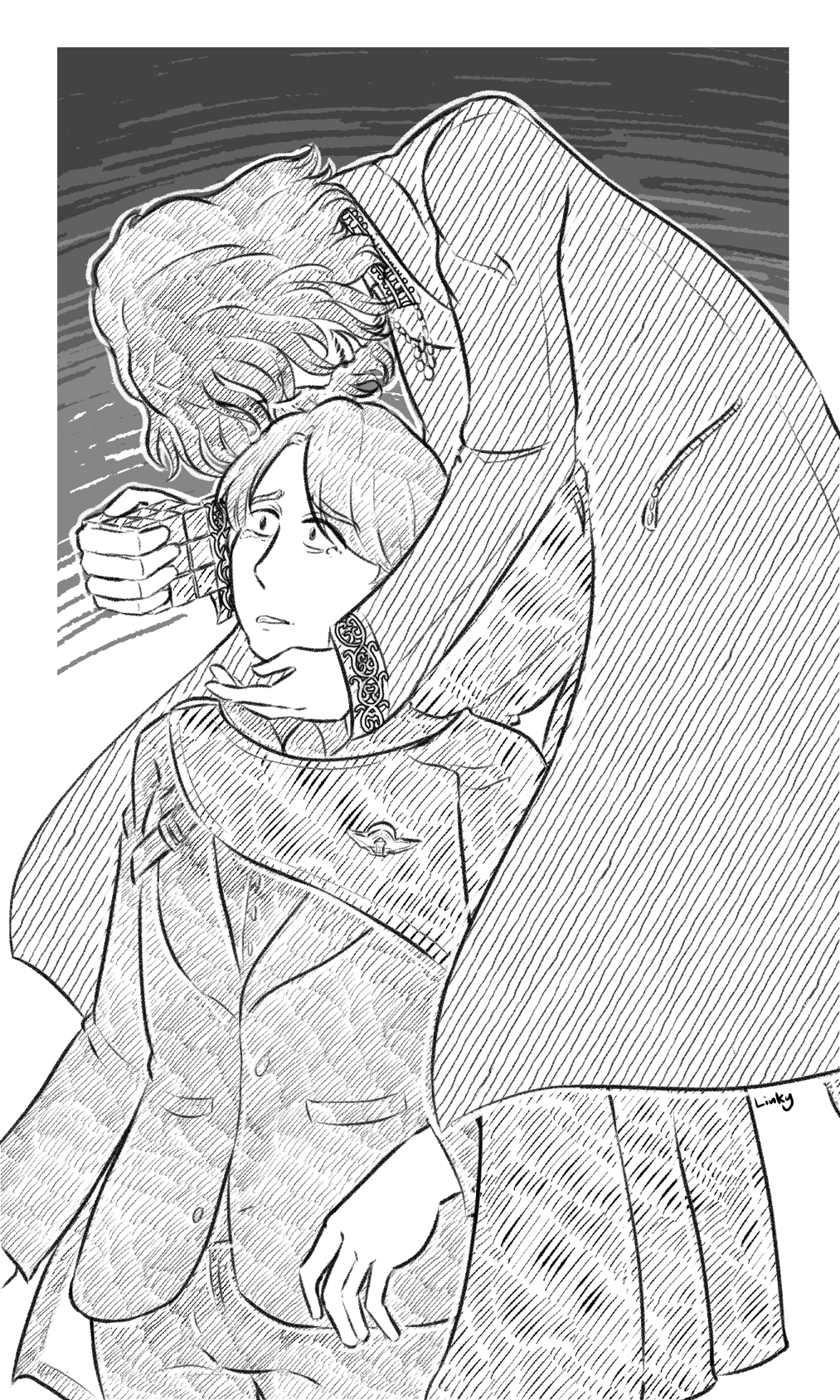 Digital lineart of Glion floating over Minato, shoving the golden rubix cube into his face while smirking. Minato is visibly horrified and crying.
