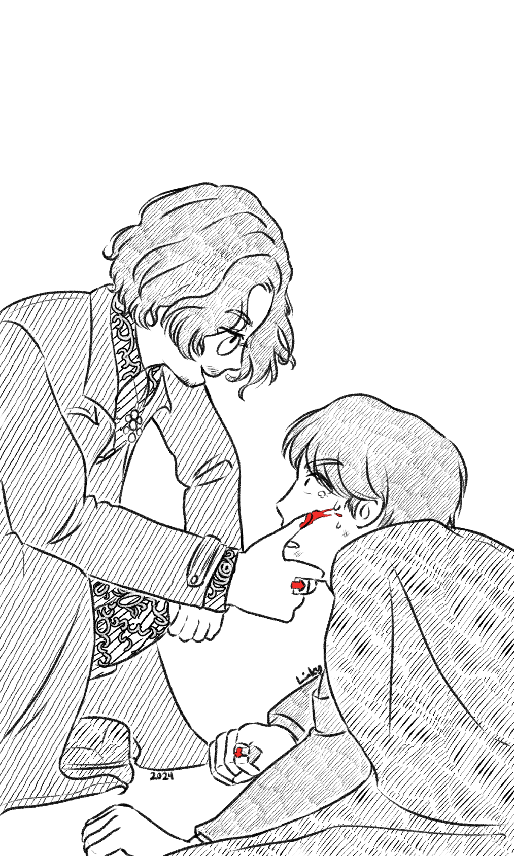 Digital lineart of Glion kneeling down, looking at Minato who is on the ground and disheveled and crying with a smug look on his face. His hand is stroking Minato's cheek with his thumb, smudging some light blood on it.