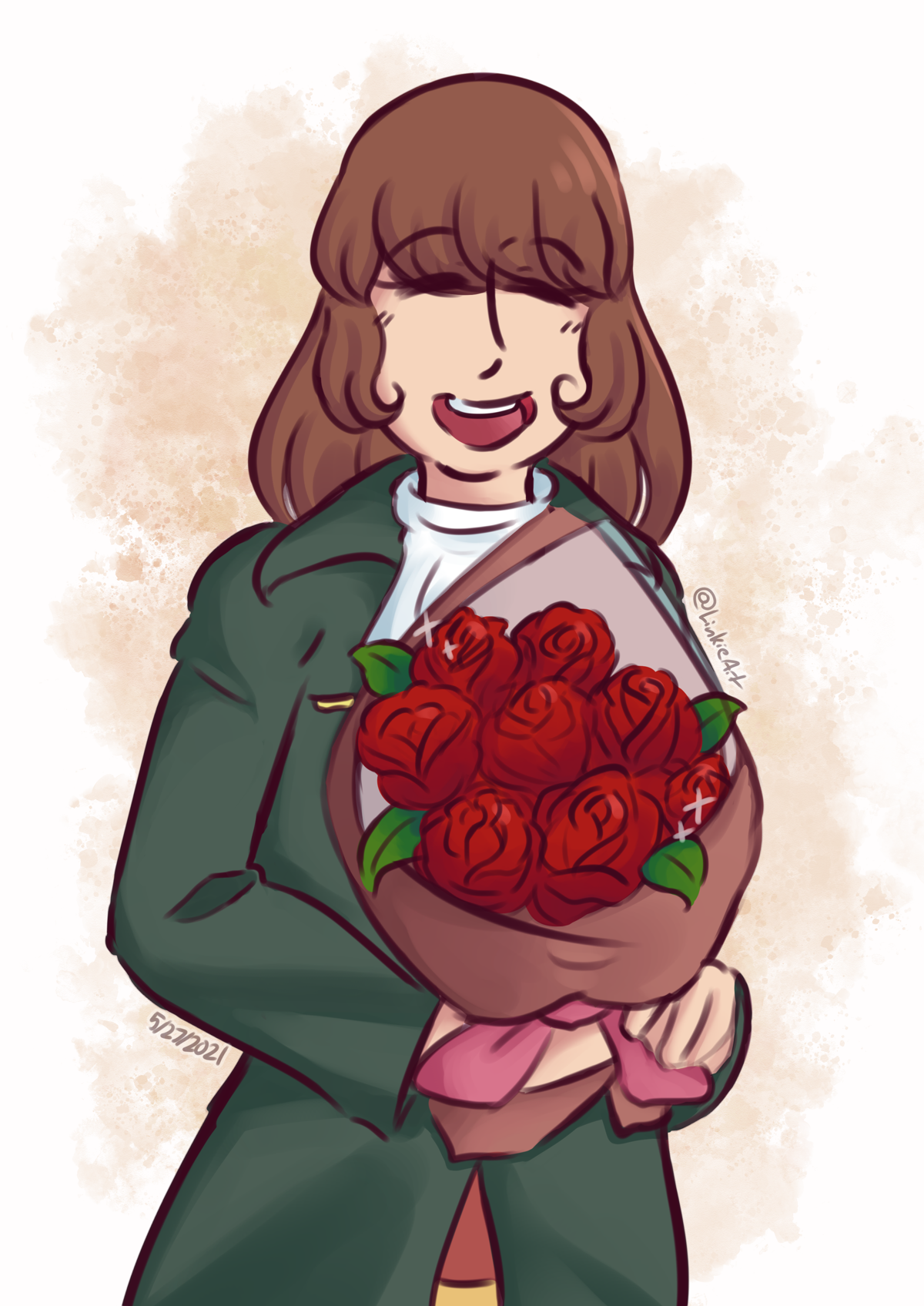 Rosa smiling with her eyes closed and holding roses.