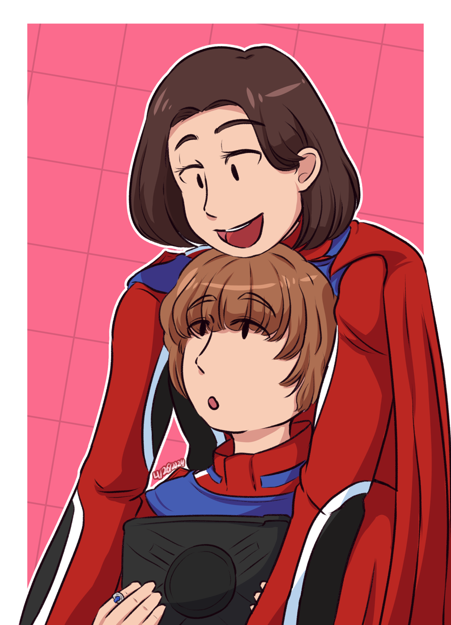 Fanart of Sabimaru and Renge from Kamen Rider gotchard. Renge is resting her head atop Sabimaru's and Sabimaru looks up at her.