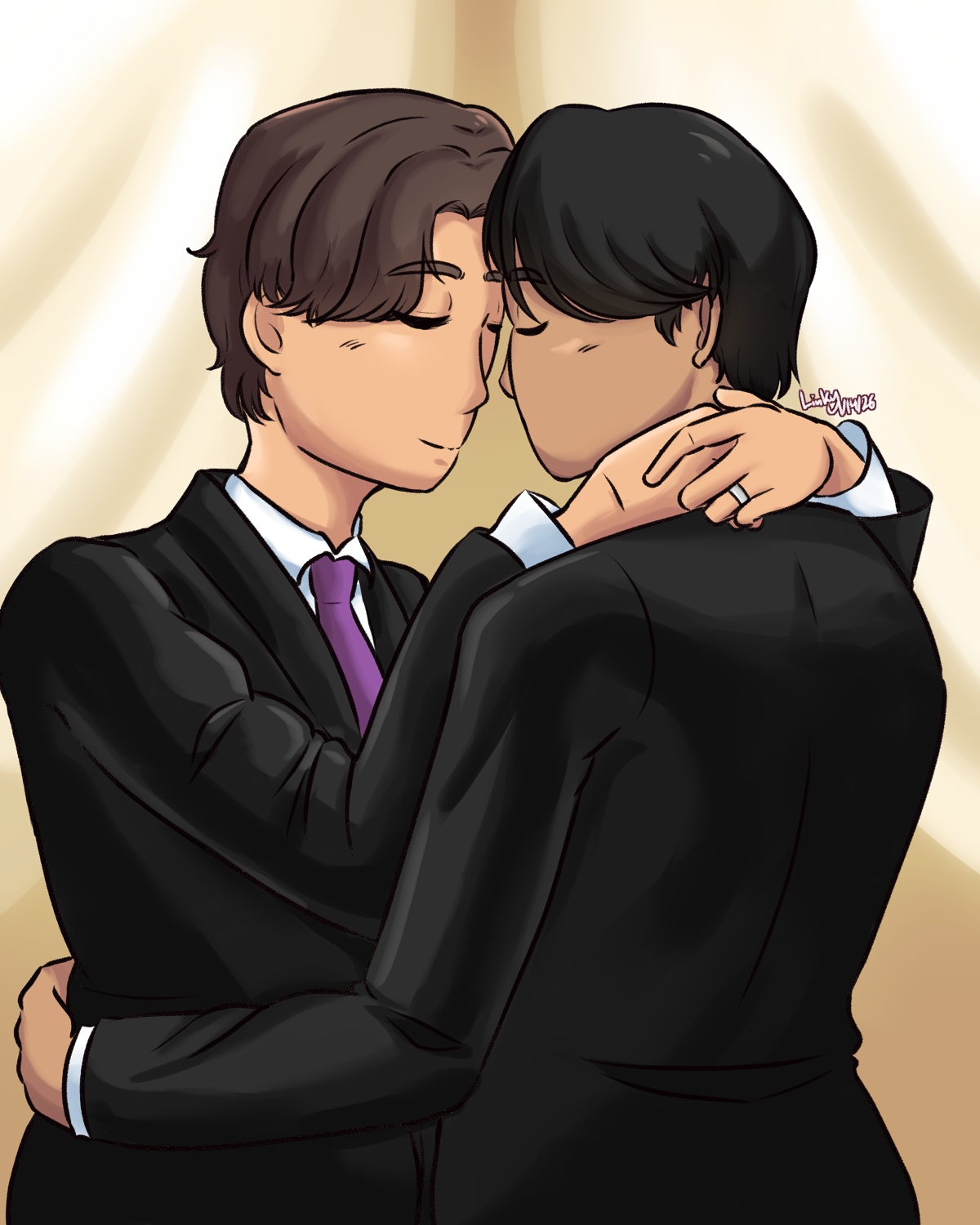 Fanart of Spanner and Minato embracing at the wedding altar.
