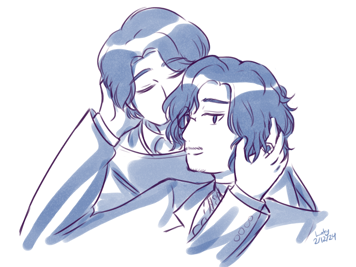 Art of Geryon and Minato from Kamen Rider Gotchard. Minato is behind Geryon, tilting towards his head, some of his face in his hair. His arm is seen wrapping around Geryon's head, his fingers in his hair. His alchemist ring is visible on his pointer finger. Geryon is looking towards the viewer in a three forths angle, a smug look on his face as he reaches behind for Minato and puts his hand in his hair, bringing him closer.