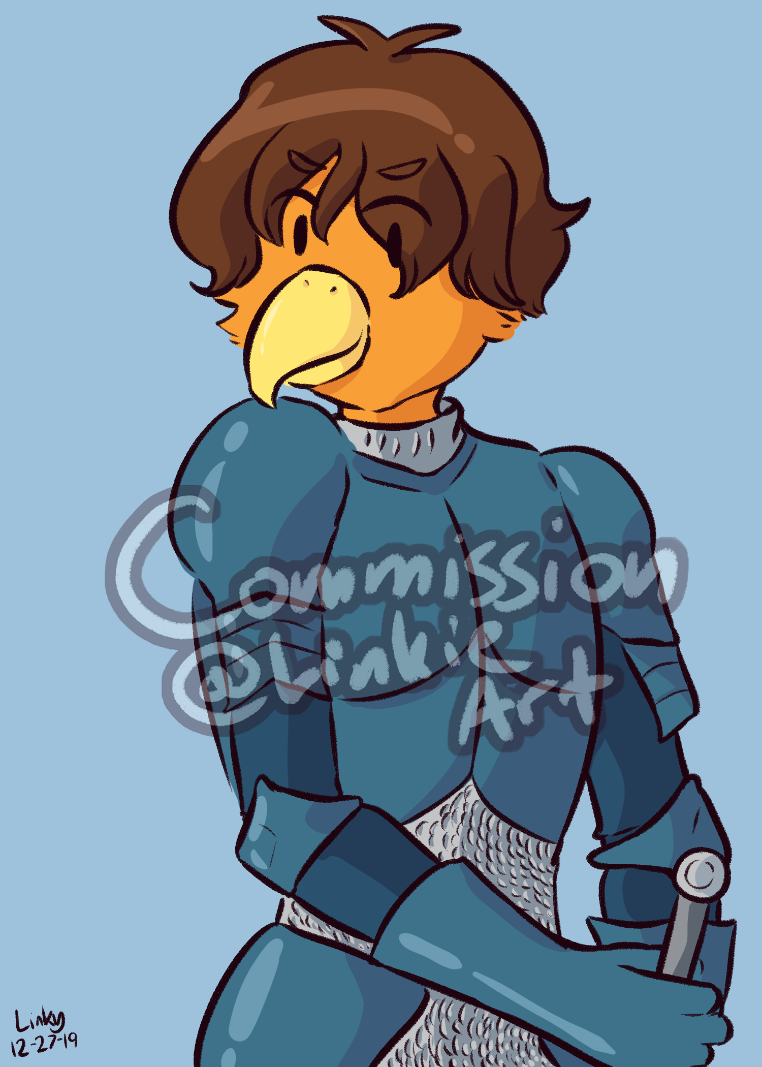 An orange bird man in armor.