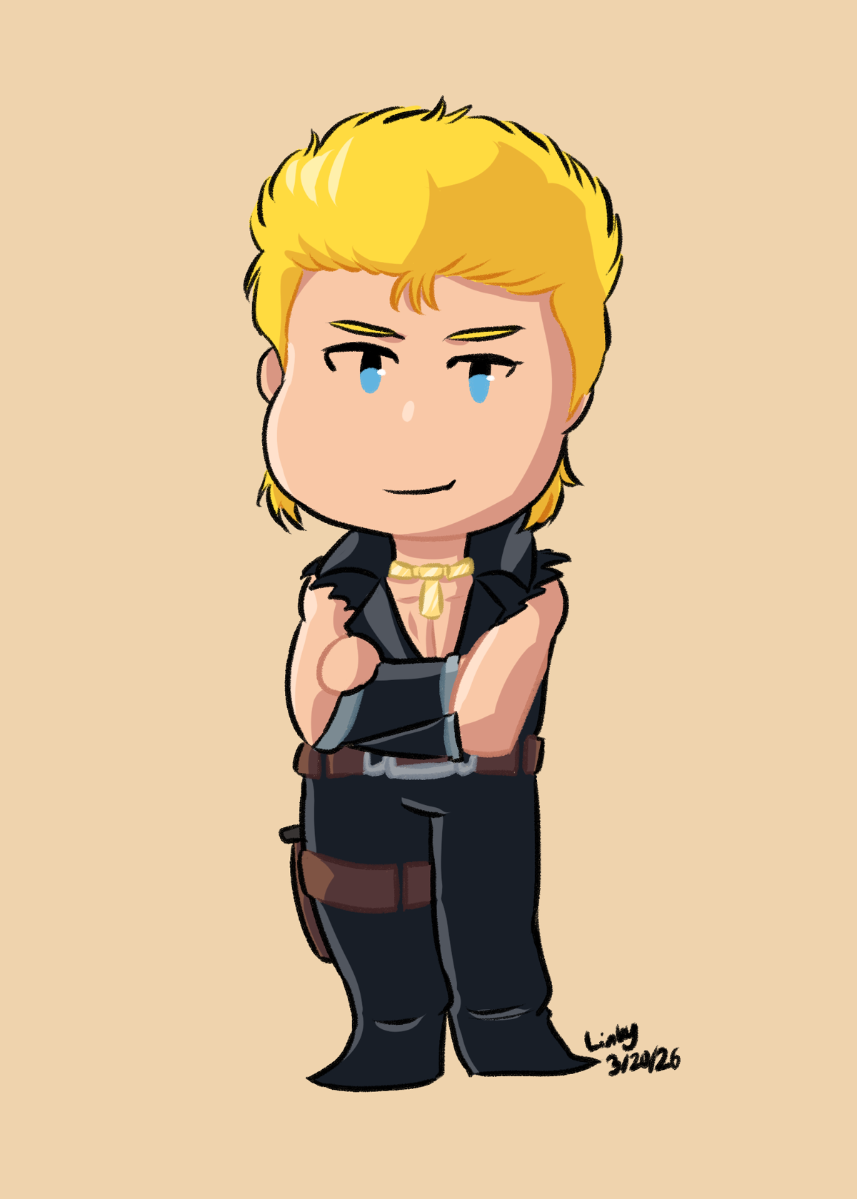 A chibi of Geist from M.D. Geist. He is crossing his arms and has a slight smile.