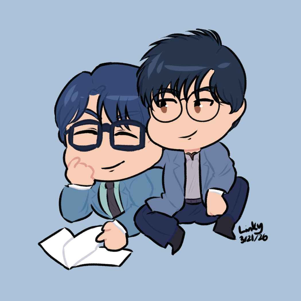 Chibs of Utsumi and Kurosaki from Patlabor. They are sitting close together and scheming.