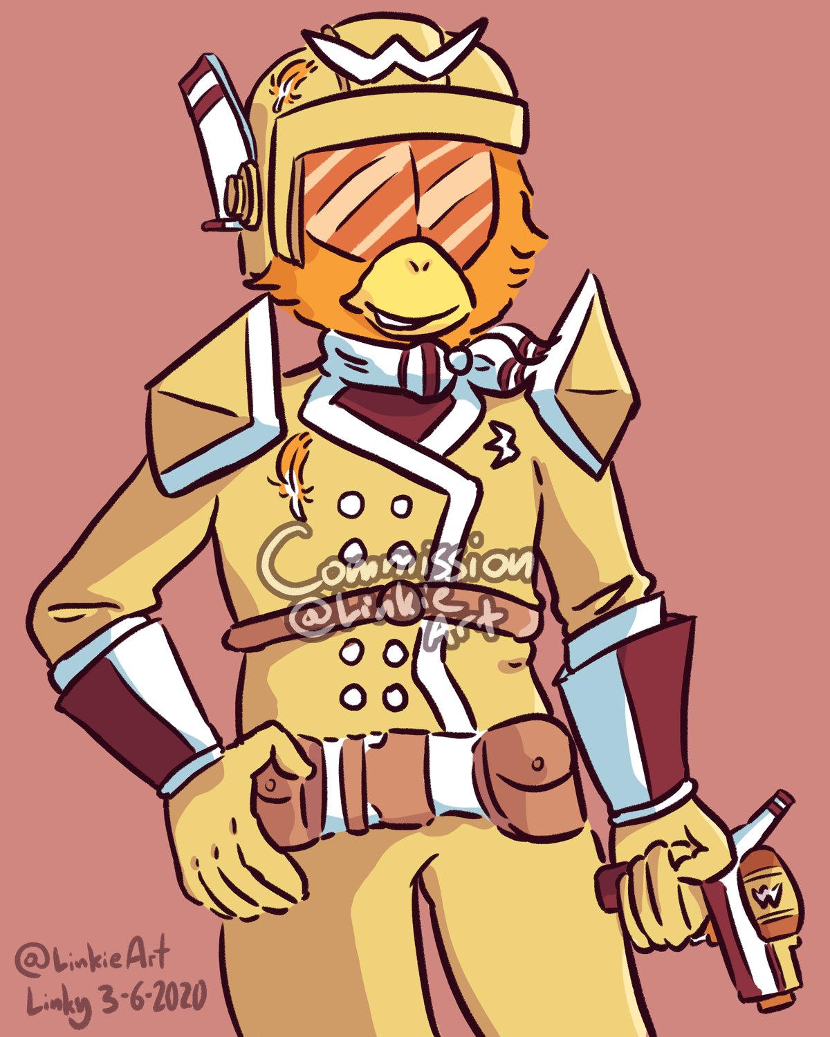 A orange bird man in a uniform.