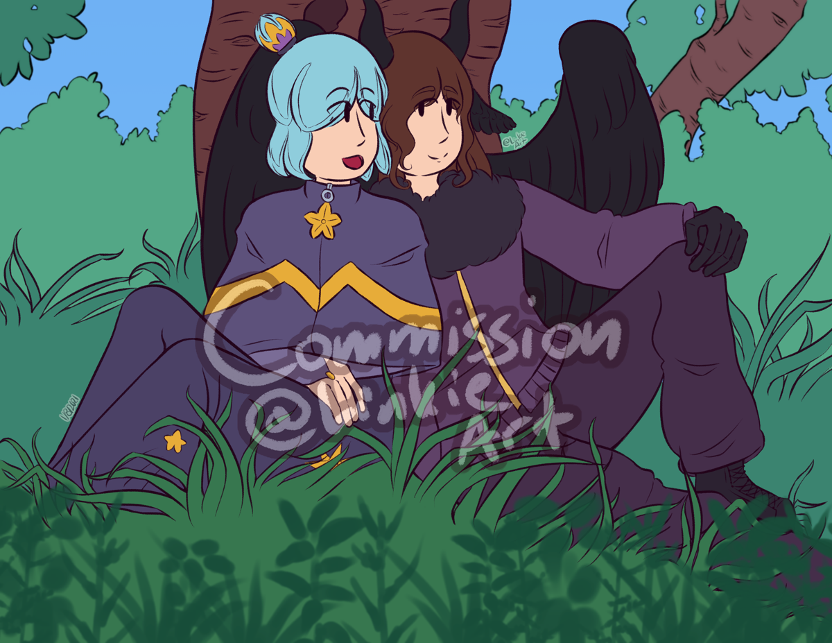 Two characters lounging by a tree.